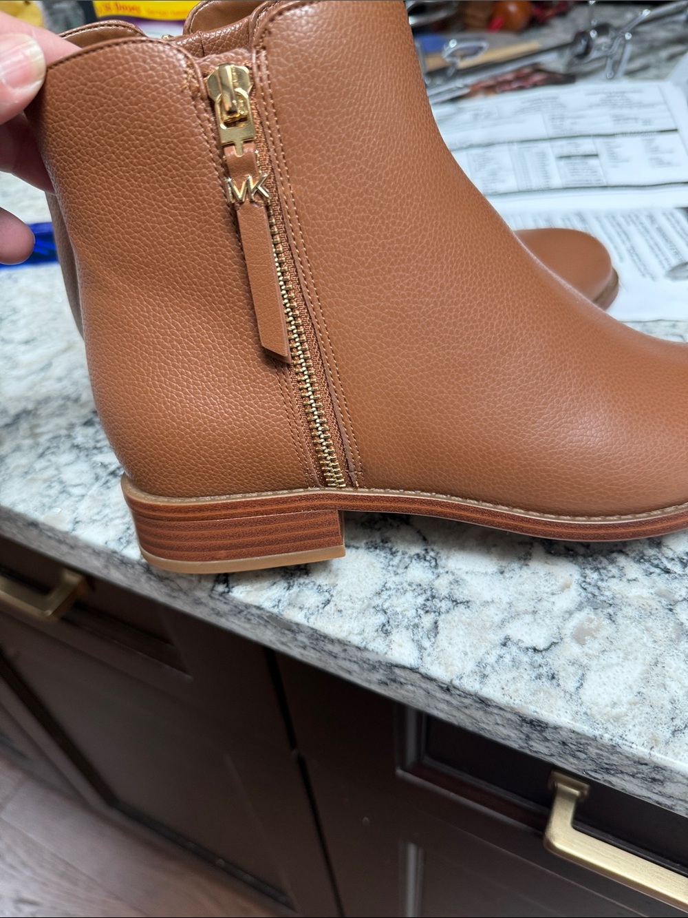 Michael Kors Cognac Brown Pebbled Leather Ankle Boot with Gold Zip Accent